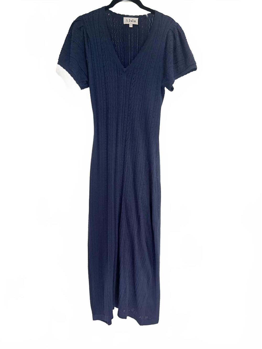Isla Anthropologie Navy Pointelle Knit‎ Midi Dress -V-Neck Short Sleeve Size XS